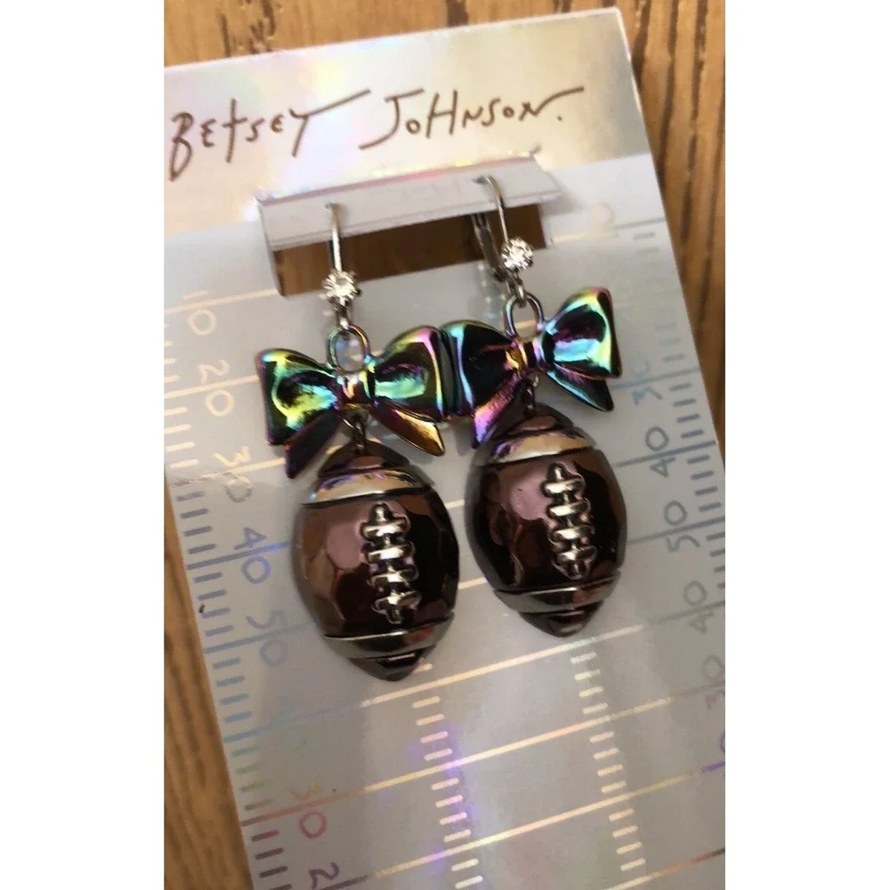 Betsey Johnson Touch Down Iridescent Bow & Brown Metallic Football Drop Earrings